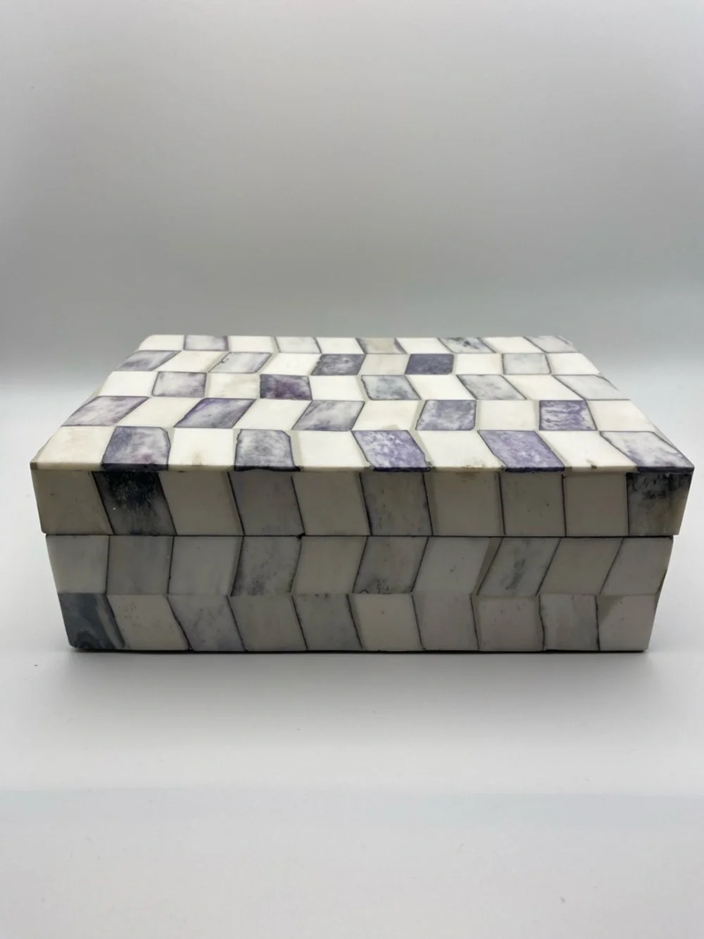 IMAX Corp Bone Inlay Decorative Box Purple Ivory Checkered Mosaic Keepsake Boho